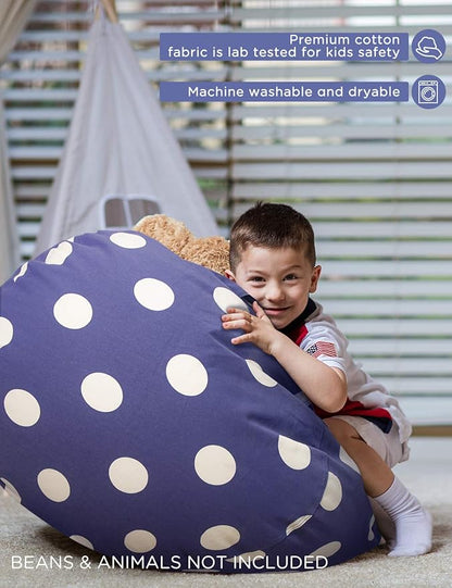 Aubliss Stuffed Animal Storage Bean Bag Chair Cover (No Beans), Stuff and Sit Storage Bean Bag for Kids Toy Storage, Medium 32"-Canvas Dot Navy