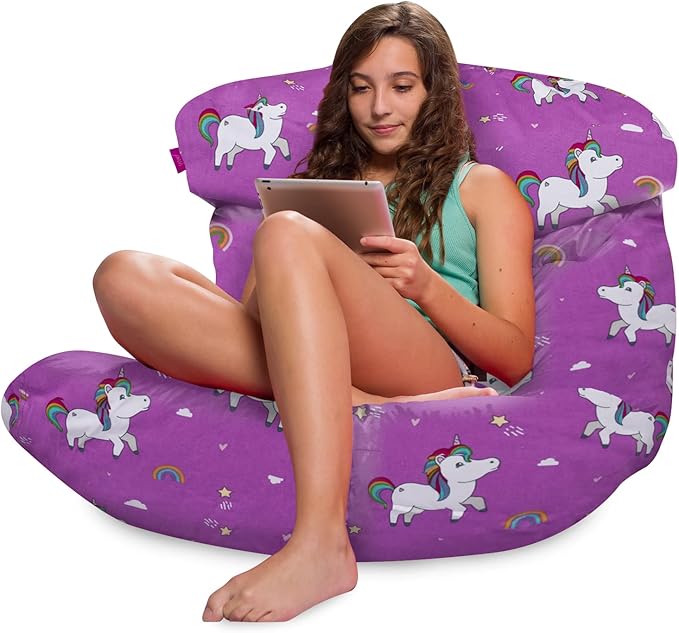 Posh Creations Structured Comfy Bean Bag Chair for Gaming, Reading, and Watching TV, Laguna Lounger, Canvas - Unicorn and Rainbows on Purple, Canvas Rainbow Unicorns