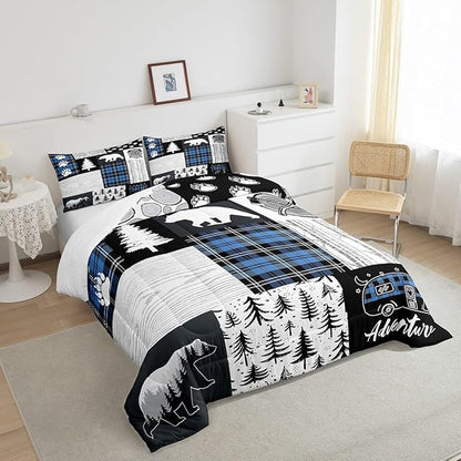 Manfei Bear Paws Comforter Set Twin Size,Pine Trees Geometric Plaids Patchwork Bedding Set for Kids Boys Girls Adults Room Decor,Hunting Adventure Down Comforter,Blue Rustic Duvet Insert,1 Pillowcase