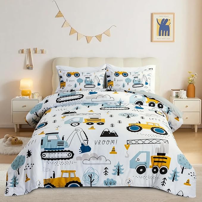 NTBED Construction Truck Twin Comforter Set for Boys Kids Forest Vehicles Excavator Tractor Lightweight Microfiber Cars Bedding Sets