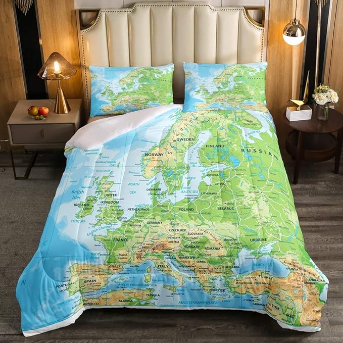 Erosebridal World Map Bedding Set Queen Size, Blue Ocean Comforter Set for Kids Boys Girls, Map of Various Countries Quilted Duvet Abstract Art Bedding Comforters Breathable Bedroom Decor