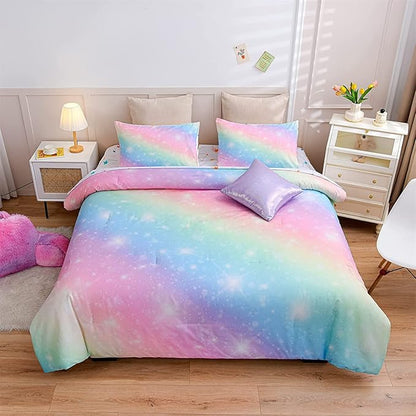 A Nice Night 6Pcs Gradient Glitter Bedding Set for Girls, Colorful Rainbow Galaxy Comforter Set, Ultra Soft Bedding Sets (Pink,Queen 6Pcs)