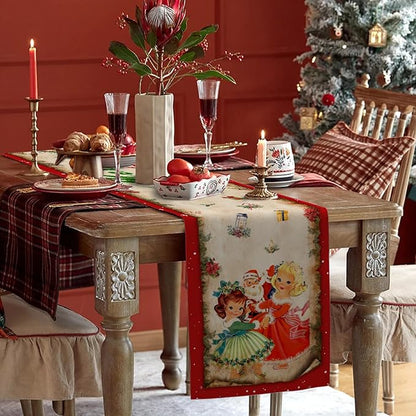 Vintage Christmas Table Runner Christmas Decorations - Red Vintage Style Santa Claus Girls Merry Christmas Winter Xmas Home Kitchen Dining Table Decor, Christmas Party Decorations 13 x 72 Inch