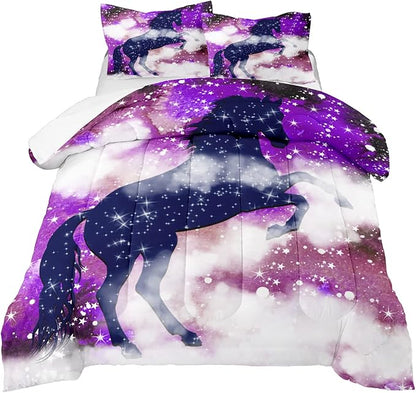 Horse Comforter Full Size Girls Full Bedding Set Purple Galaxy Bed Set Purple Starry Stars Soft Durable Quilt, 3 Piece Full Comforter Set 1 Full Comforter + 2 Pillowcases