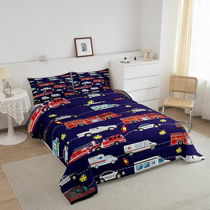 Fire Truck Bedding Bed Set Police Car Comforter Set for Kids Boys Girls Teens Decor Engine Ambulance Cute Comforter Emergency Vehicle Blue Soft Quilt Room 3Pcs Full Size Boys
