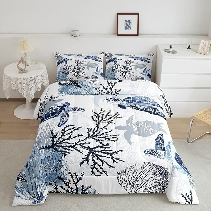 Turtle Comforter Set King,White Blue Hawaiian Turtle Bedding for Kids,Reptile Tortoise Quilt Duvet Set Coastal Beach Theme Comforter Retro Sea Turtle Bed Set for Boys Girls Bedroom Decor(Marine life)
