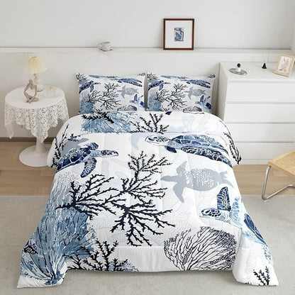 Turtle Comforter Set King,White Blue Hawaiian Turtle Bedding for Kids,Reptile Tortoise Quilt Duvet Set Coastal Beach Theme Comforter Retro Sea Turtle Bed Set for Boys Girls Bedroom Decor(Marine life)