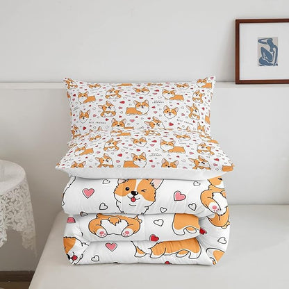 Kids Kawaii Corgi Comforter Set Toddler Cute Dog All Season Down Comforter Boys Girls Cartoon Puppy Dog Bedding Set Lovely Animal Quilt Set Room Decor 3Pcs with 2 Pillow Case Full Size