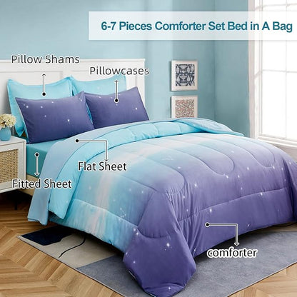 Girls Comforter Set Twin Size 6 Pieces Bed in A Bag Colorful Ombre Blue Purple Rainbow Bedding Set for Kids Teen (1 Comforter, 1 Flat Sheet, 1 Fitted Sheet, 1 Pillow sham, 2 Pillowcases)