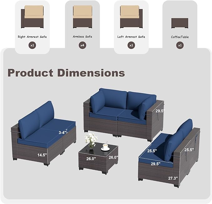 Patio Furniture Set 7-Pieces Outdoor Furniture for Backyard Wicker Sectional Sofa Set, Rattan Patio Conversation Set with Thickened Cushions and Glass Coffee Table, Navy Blue