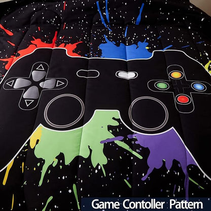 Gamer Comforter Sets Full Size for Boys Teen,Game Controller Colorful Comforter with 2 Pillowcases,Soft Microfiber Video Gaming 3 Piece Bedding Set for Game Lovers,All Season(Black,Full)