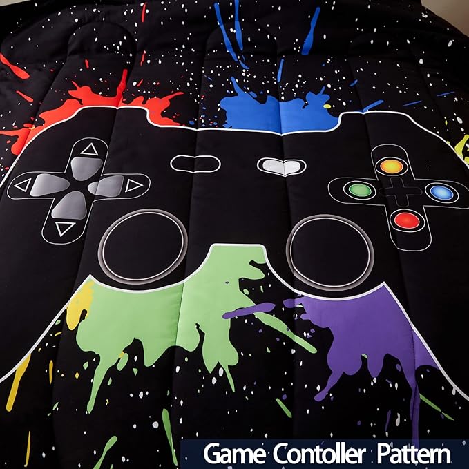 Gamer Comforter Sets Queen Size for Boys Teen,Game Controller Colorful Comforter with 2 Pillowcases, 3 Piece Video Gaming Bedding Set for Game Lovers,All Season(Black,Queen)