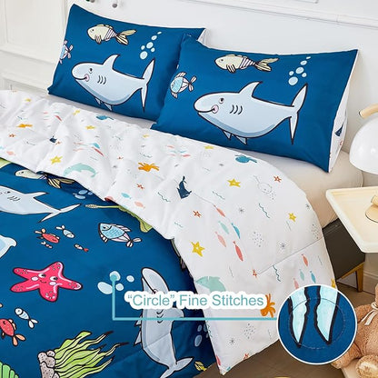 WINLIFE Shark Comforter Set Queen Size for Boys Teen Ocean Themed Fish Turtles Printed Bedding Set, Soft Microfiber Bedding All Season (3Pcs, Queen)