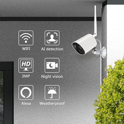 Rraycom 2K WiFi Security Cloud Camera for Outdoor, 3MP Wireless Camera(Plug-in) with Night Vision, Motion Detection, IP66 Waterproof, Cloud Storage, 24/7 Live Video, Compatible with Alexa(2pack)