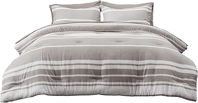 Bedsure Bed in a Bag Twin Size 5 Pieces, Warm Taupe White Striped Bedding Comforter Sets All Season Bed Set with 1 Pillow Sham, Flat Sheet, Fitted Sheet and 1 Pillowcase