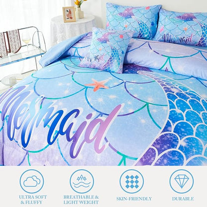 URBONUR Mermaid Tail Bedding Set Queen Size, 6Pcs Fish Scales Print Bed in a Bag Girls Queen Comforter Set, Ombre Aqua Blue Teal Pink Purple Bed Sets for Girls Bedroom Decor