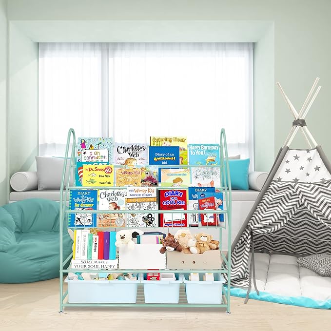 aboxoo Metal Kids Bookshelf Green Freestanding for Children Room 32 in Toy Organizer Book Unit Storage Large Green Stable Bookcase Bookstore Living Room Bed Room Library