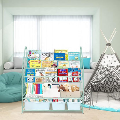 aboxoo Metal Kids Bookshelf Green Freestanding for Children Room 32 in Toy Organizer Book Unit Storage Large Green Stable Bookcase Bookstore Living Room Bed Room Library