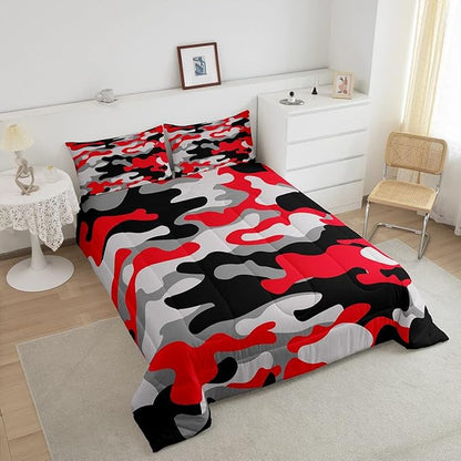 Queen Size Camouflage Comforter Set 3Pcs Kids Bedding Set for Boys Girls Teens 1 Comforter & 2 Pillowcases(Queen,Red Black) Boys