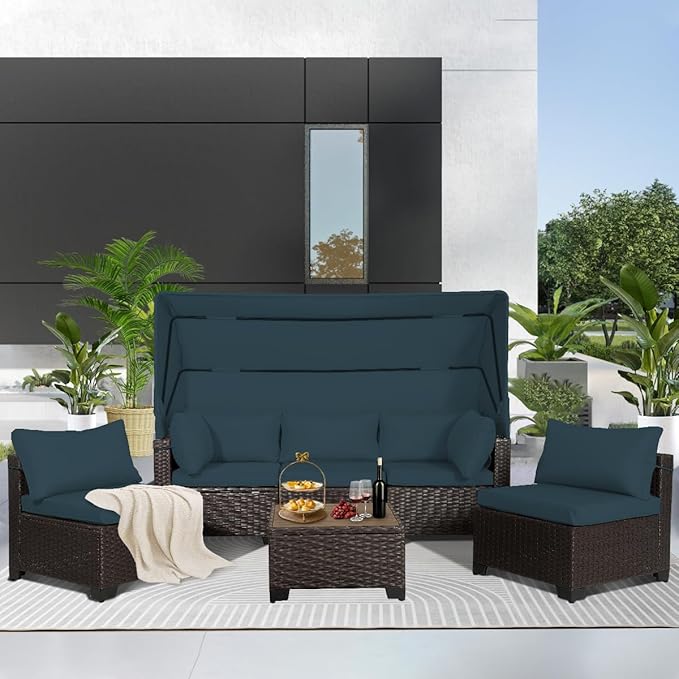 6 PCS Outdoor Patio Furniture Set,Sectional Sofa Set,Rattan Daybed with Retractable Canopy,Adjustable Backrest,Storage Coffee Table,Chaise Chair Sunbed for Garden Poolside Backyard(Sky Blue)