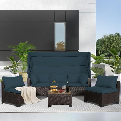 6 PCS Outdoor Patio Furniture Set,Sectional Sofa Set,Rattan Daybed with Retractable Canopy,Adjustable Backrest,Storage Coffee Table,Chaise Chair Sunbed for Garden Poolside Backyard(Sky Blue)