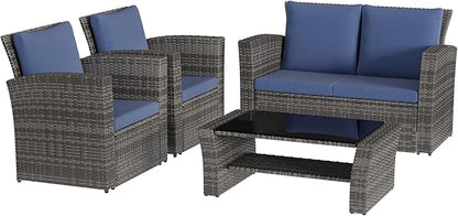 Solaste 4 Piece Outdoor Patio Furniture Set, Outdoor Sectional Sofa with Tempered Glass Coffee Table and Cushions, Wicker Rattan Patio Set for Backyard, Front Porch, Balcony, Blue
