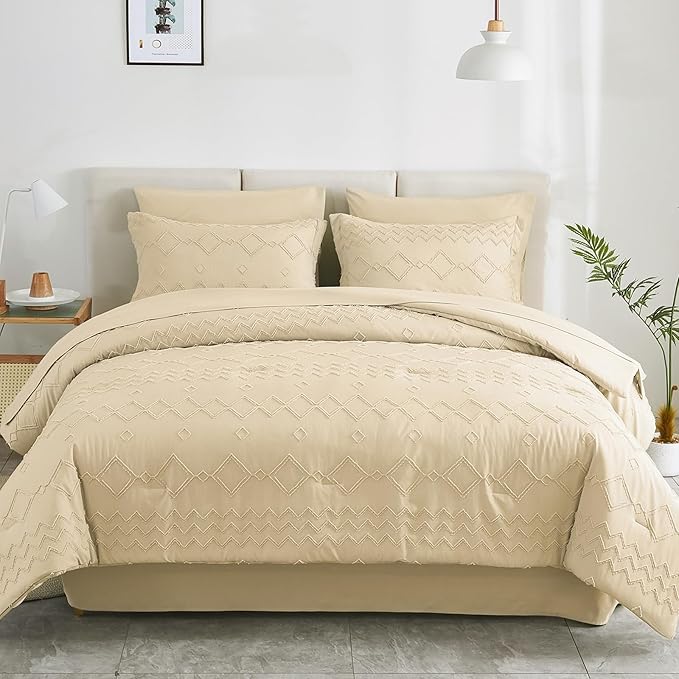 EMME Queen Comforter Set - 7 Pcs Beige Boho Bedding Sets, Full Size Tufted Comforter with Sheets, Shabby Chic Embroidery Queen Bed Set Fluffy Bed Bag for All Season(90"X90")