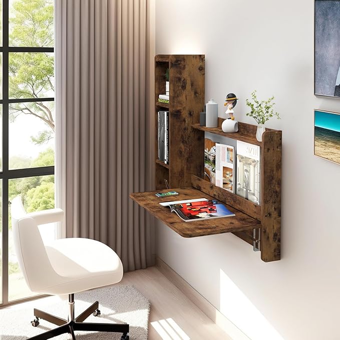 Pmnianhua Farmhouse Floating Desk,41''Wall Mounted Desk,L Shaped Folding Table,Fold Down Laptop Computer Desk with Storage for Wall Bedroom Small Space (Rustic Brown-Left)