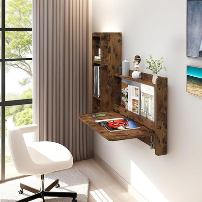 Pmnianhua Farmhouse Floating Desk,41''Wall Mounted Desk,L Shaped Folding Table,Fold Down Laptop Computer Desk with Storage for Wall Bedroom Small Space (Rustic Brown-Left)