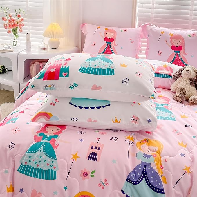 Wajade Kids Pink Princess Comforter Set Bed in A Bag Queen Size 7 Piece Princess Fairy Tales Castle Bedding Set for Girl (1 Comforter, 1 Flat Sheet, 1 Fitted Sheet, 2 Pillowcase and 2 Pillow Sham)