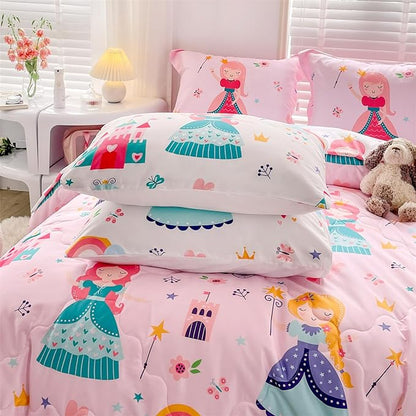 Wajade Kids Pink Princess Comforter Set Bed in A Bag Queen Size 7 Piece Princess Fairy Tales Castle Bedding Set for Girl (1 Comforter, 1 Flat Sheet, 1 Fitted Sheet, 2 Pillowcase and 2 Pillow Sham)