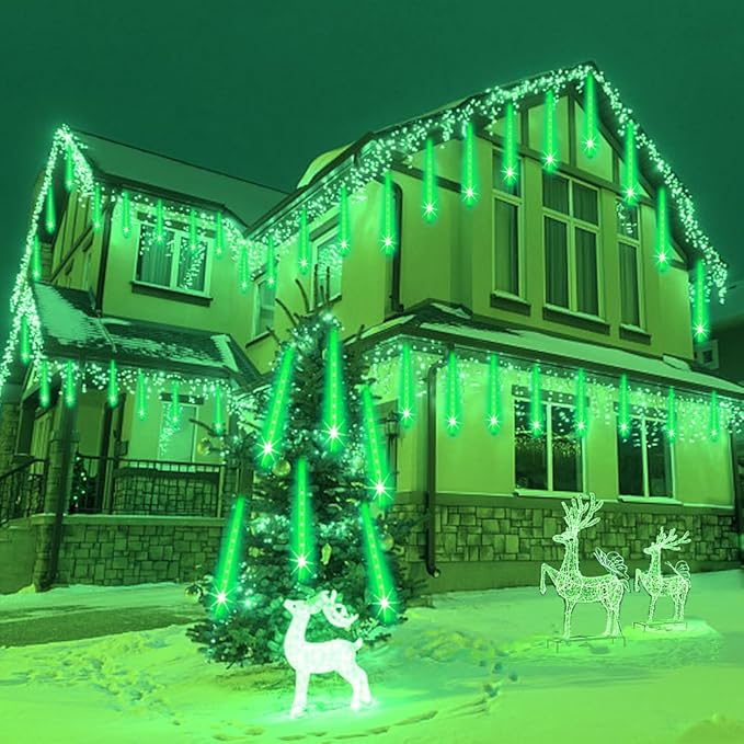 Halloween Lights Outdoor, Meteor Shower Lights Christmas Lights for Halloween Decorations, 8Tube 192LED Snow Falling Rain Icicle String Lights for Xmas Christmas Decor Tree Party,UL Plug Green