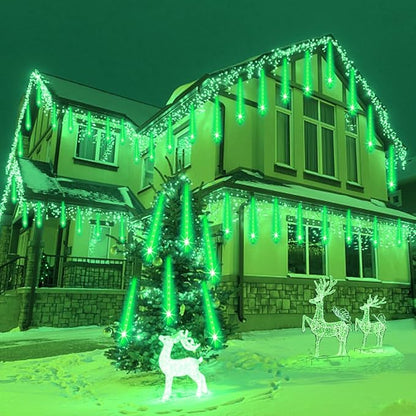 Halloween Lights Outdoor, Meteor Shower Lights Christmas Lights for Halloween Decorations, 8Tube 192LED Snow Falling Rain Icicle String Lights for Xmas Christmas Decor Tree Party,UL Plug Green