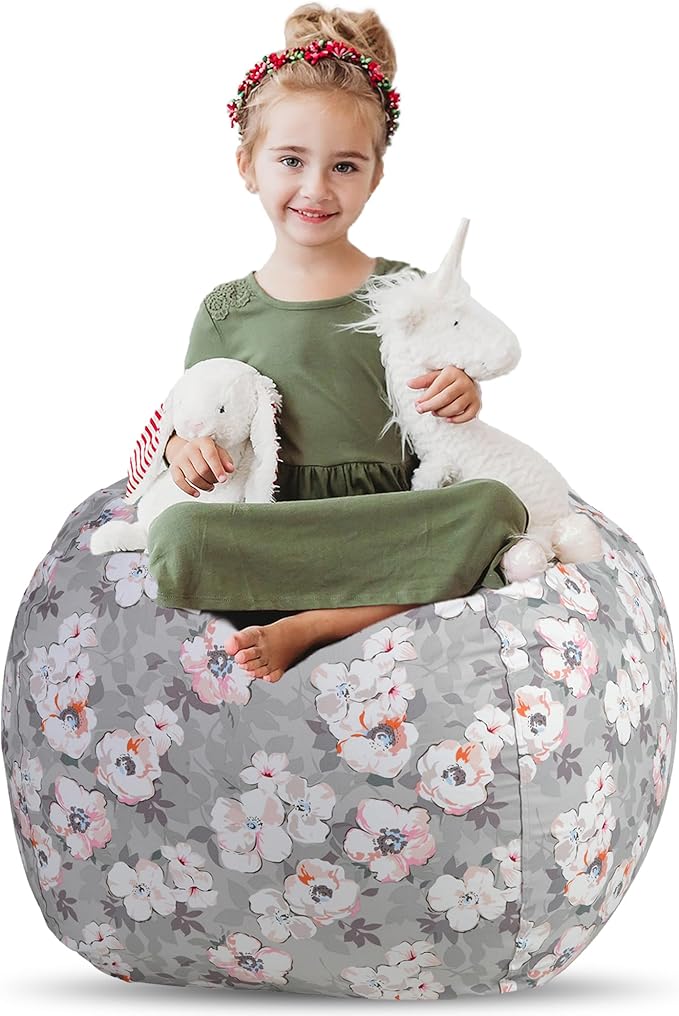 Creative QT Stuff ’n Sit Extra Large 38’’ Bean Bag Storage Cover for Stuffed Animals & Toys, Giant Beanbag Chair for Plush, Toddler & Kids Rooms Bedroom Organizer, Grey Floral