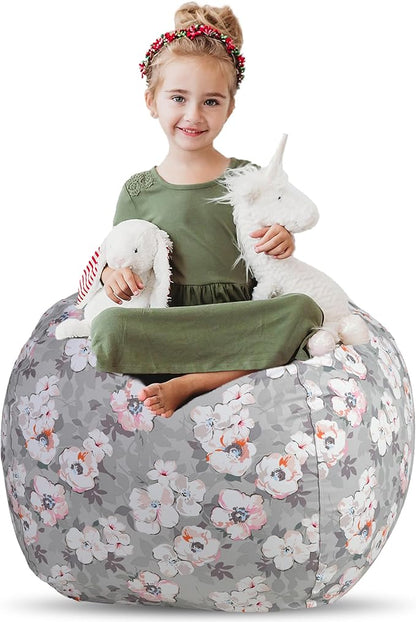 Creative QT Stuff ’n Sit Extra Large 38’’ Bean Bag Storage Cover for Stuffed Animals & Toys, Giant Beanbag Chair for Plush, Toddler & Kids Rooms Bedroom Organizer, Grey Floral