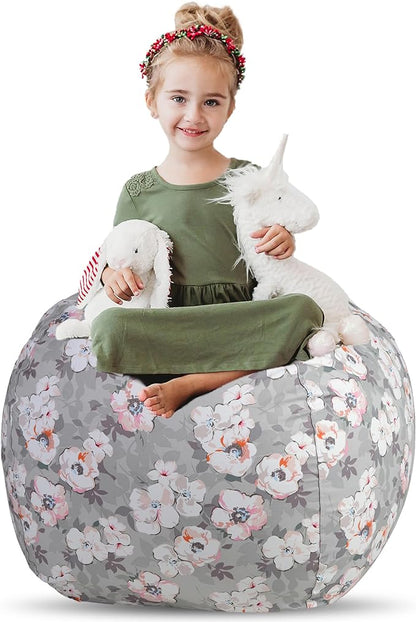 Creative QT Stuff ’n Sit Large 33’’ Bean Bag Storage Cover for Stuffed Animals & Toys – Gray Floral Print – Toddler & Kids’ Rooms Organizer – Beanbag Makes Great Plush Toy Hammock Alternative
