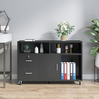 YITAHOME Wood File Cabinet, 2 Drawer Mobile Lateral Storage Cabinet Printer Stand with Lock and Open Storage Shelves for Home Office, Black,Drawers without Hanging Bars