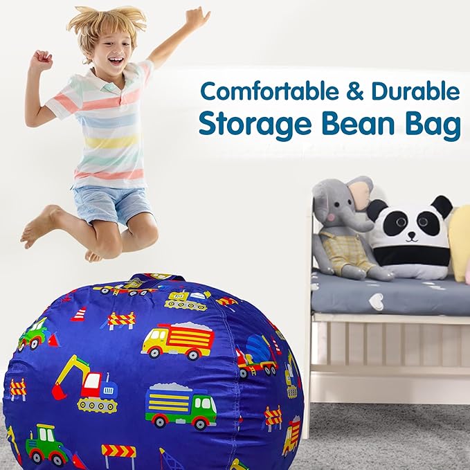 Lukeight Stuffed Animal Storage Bean Bag Chair Cover for Kids, Zipper Beanbag Chair Cover for Organizing Toddler & Kids' Rooms Plush Toys (Excavator Velvet, X-Large)