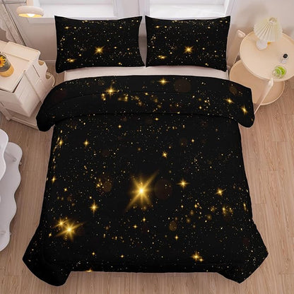 Tailor Shop Glitter Bedding Sets Full Size Black and Glod Comforter Sets for Kids Boys Teens Star Glitter Comforter Sets Twinkle Starlight Comforter Sets with 1 Comforter 1 Pillowcases
