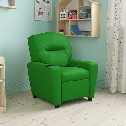 Flash Furniture Chandler Vinyl Kids Recliner with Cup Holder and Safety Recline, Contemporary Reclining Chair for Kids, Supports up to 90 lbs., Green