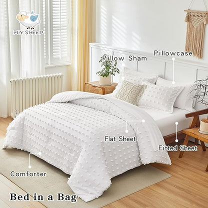 7 Pieces Tufted Dots Bed in a Bag Queen Comforter Set with Sheets White , Soft and Embroidery Shabby Chic Boho Comforters, Solid Color with Pom Pom Design, Jacquard Tufts Bedding Set for All Season