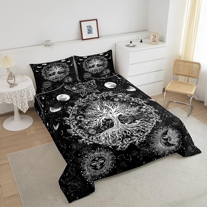 Feelyou Sun and Moon Comforter Bohemian Tree Butterfly Style Bedding Set Psychedelic Hippie Comforter Set for Boys Girls Children Teens Bedroom Decor Galaxy Astrology Duvet Set Twin Size