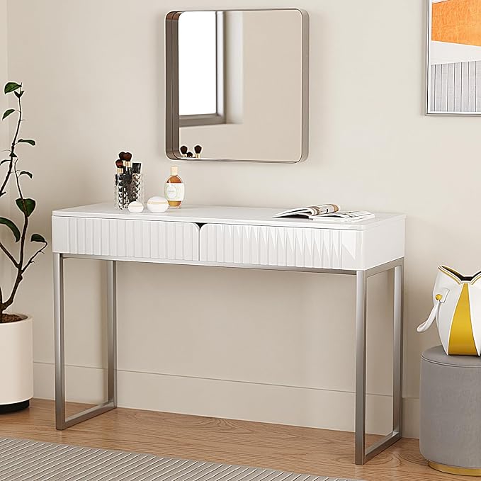 White Vanity Desk with 2 Drawers, Silver and White Desk,Home Office Desk Modern Makeup Vanity Table with Glossy Desktop,Writing Computer Standing Desk with Wood Top and Metal Legs
