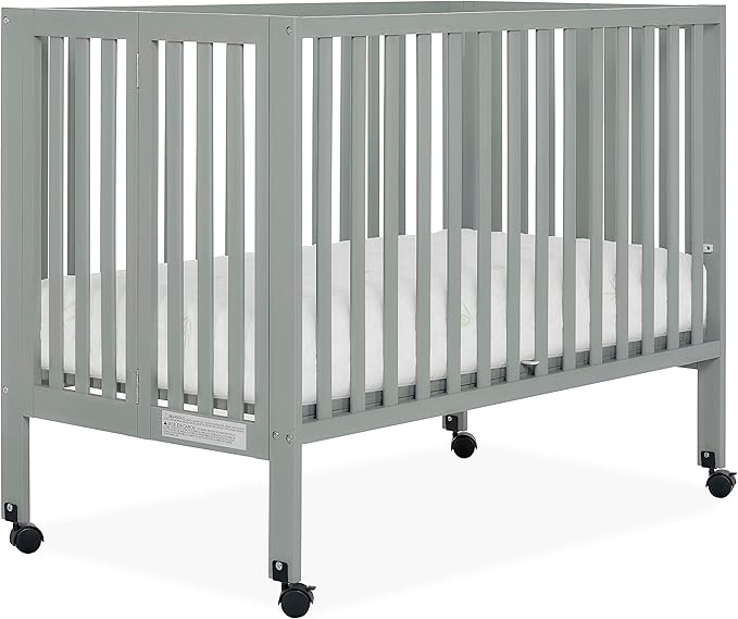 Quinn Full-Size Folding Crib in Cool Grey, Removeable Wheels, Modern Nursey, Adjustable Mattress Support, Portable Crib, Patented Folding System