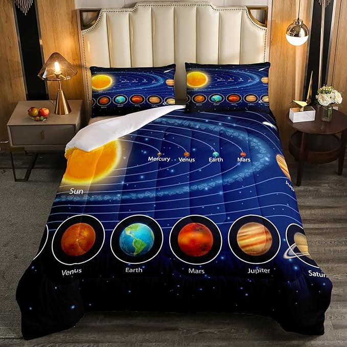 Solar System Comforter Set King Galaxy Bedding Set Outer Space Down Comforter Kids Boys Girls Starry Sky Universe Planets Duvet Set Room Decor Super Soft Astronomy Quilt Duvet Insert, Blue