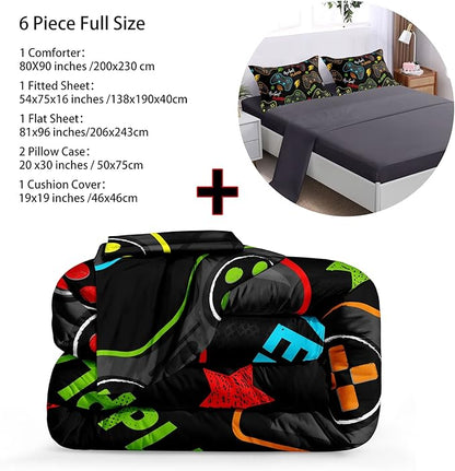 6 Pieces Gamer Comforter Set for Boys Gaming Bedding Set Full Size,Video Game Controller Comforter for Boys Kids Adult 3D Gamepad Microfiber Bedding Sets 6 Pieces Bed in A Bag Sets3011,Full