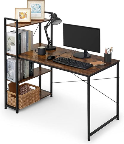MoNiBloom Computer Desk with 4 Tier Storage Shelves, 47 Inches Home Office Study Writing Desks with Display Bookshelf, Rustic Brown