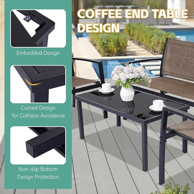 4 Pieces Patio Furniture Set Outdoor Garden Patio Conversation Sets Poolside Lawn Chairs with Tempered Glass Coffee Table Loveseat Porch Furniture Textilene Fabric Yellow