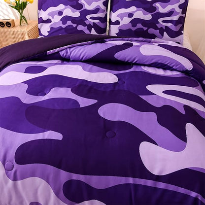 Meeting Story Camouflage Bedding Set, Colorful Pattern Queen Camouflage Comforter Set, 3 PCS One Comforter and Two Pillowcases in One Bag, All Season Bedspread for Teens Adults (Purple, King)