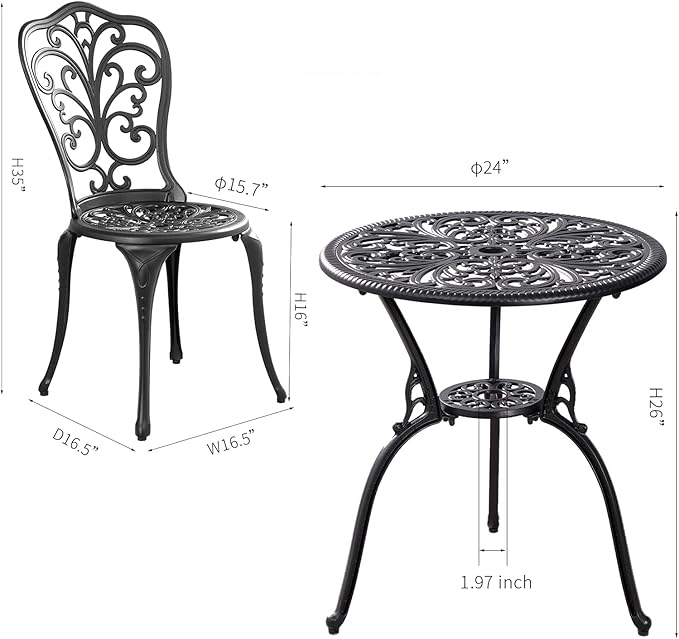 Patio Bistro Set 3 Piece Outdoor,Cast Aluminum Outdoor Bistro Table and Chair Set of 2 with 1.97" Umbrella Hole,All Weather Metal Bistro Table Set for Front Porch Set(Butterfly Black)